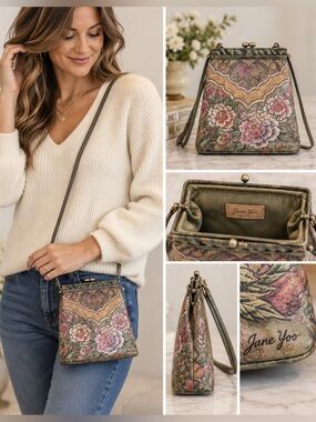 Artist Jane Yoo Hand Painted Leather Floral Butterfly Crossbody Shoulder Handbag
